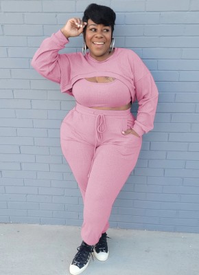Winter Pink Three Piece Knit Crop Top and Pants Plus Size Set