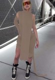 Autumn Khaki Street Style Single Sleeve Hooded Bodycon Dress