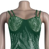 Autumn Green Beaded Sexy Strap Midi Party Dress