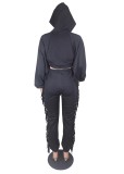 Winter Black Fringe Crop Hoody and Pants Two Piece Sweatsuit