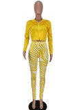 Autumn Yellow Tight Zipper Crop Top and Print Tights Legging Two Piece Set
