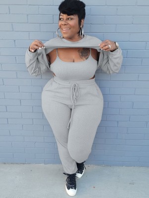 Winter Grey Three Piece Knit Crop Top and Pants Plus Size Set