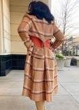 Winter Khaki Plaid Print Turndown Collar Long Sleeves Long Jacket