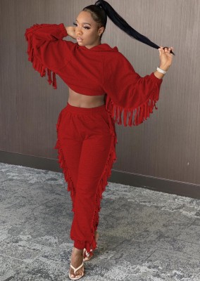 Winter Red Fringe Crop Hoody and Pants Two Piece Sweatsuit