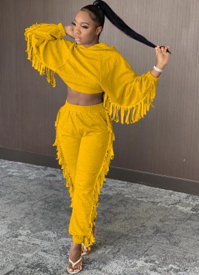Winter Yellow Fringe Crop Hoody and Pants Two Piece Sweatsuit