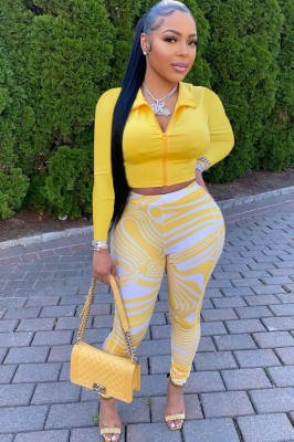 Autumn Yellow Tight Zipper Crop Top and Print Tights Legging Two Piece Set