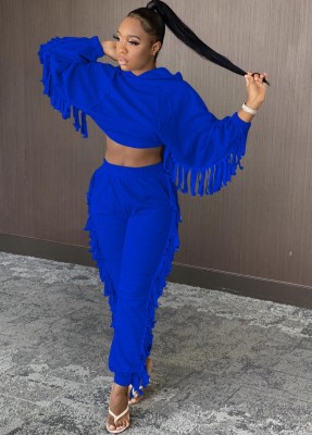 Winter Blue Fringe Crop Hoody and Pants Two Piece Sweatsuit