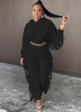 Winter Black Fringe Crop Hoody and Pants Two Piece Sweatsuit