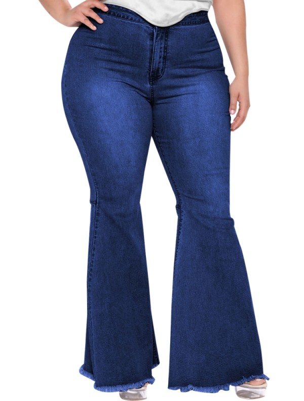 Winter Dark Blue Plus Size High Waist Bell Bottom Fringe Jeans