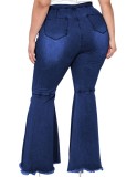 Winter Dark Blue Plus Size High Waist Bell Bottom Fringe Jeans