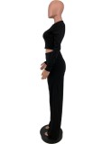 Autumn Black Long Sleeve Crop Top and High Waist Pants Two Piece Set