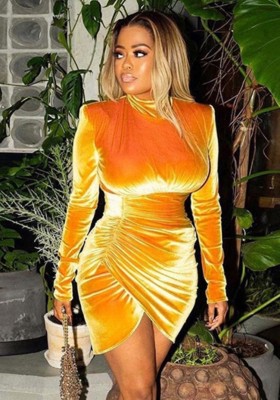Winter Orange Velvet Turtleneck Long Sleeve Wrap Party Dress