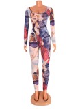 Autumn Print High Cut Bodysuit and Tights Legging Party Two Piece Set