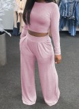 Autumn Pink Long Sleeve Crop Top and High Waist Pants Two Piece Set