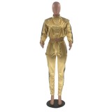 Winter Gold Stripes Zipper Jacket and Pants Two Piece Tracksuit