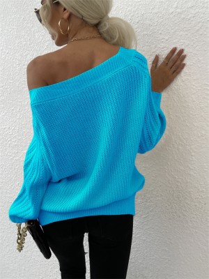 Winter Blue Off Shoulder Loose Sweater Top