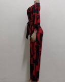 Autumn Red Print V-Neck Elegant Wrap Jumpsuit