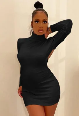 Autumn Black Cut Out Back Turtleneck Long Sleeve Mini Club Dress
