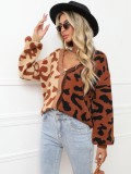 Winter Leopard Print V-Neck Long Sleeve Sweater Coat