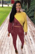 Winter Yellow and Red Contrast Fleeve Top and Pants Two Piece Set