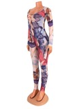 Autumn Print High Cut Bodysuit and Tights Legging Party Two Piece Set