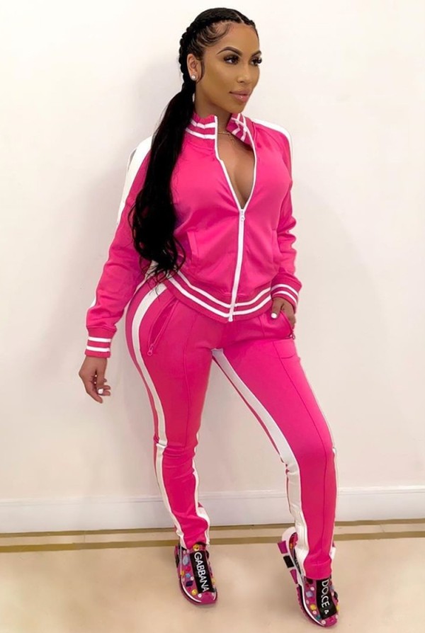 Fall Casual Rose Stripes Slit Zipper Jacket and Pants Two Piece Tracksuit
