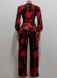 Autumn Red Print V-Neck Elegant Wrap Jumpsuit