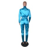 Winter Blue Stripes Zipper Jacket and Pants Two Piece Tracksuit