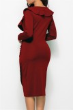 Winter Red Formal V-Neck Ruffles Wrap Long Sleeve Midi Dress