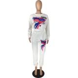 Winter White Print Crew Neck Top and Pants Two Piece Sweatsuit