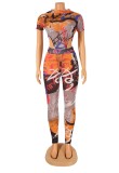 Autumn Orange Print High Cut Short Sleeve Bodysuit and Tight Legging Party Two Piece Set