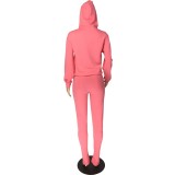 Autumn Pink Blank Front Pocket Hoody Top and Slit Pants Two Piece Tracksuit
