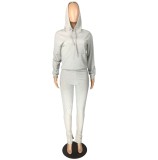 Autumn Grey Blank Front Pocket Hoody Top and Slit Pants Two Piece Tracksuit
