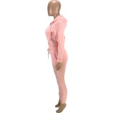 Winter Pink Fleece Blank Zipper Hooded Two Piece Pants Set Tracksuit