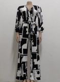 Autumn Black Print V-Neck Elegant Wrap Jumpsuit