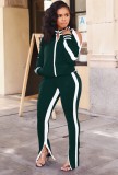Fall Casual Green Stripes Slit Zipper Jacket and Pants Two Piece Tracksuit