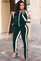 Fall Casual Green Stripes Slit Zipper Jacket and Pants Two Piece Tracksuit