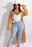 Winter Khaki Front Short Back Long Tassels Long Sweater Top