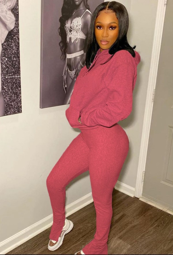 Autumn Pink Blank Front Pocket Hoody Top and Slit Pants Two Piece Tracksuit
