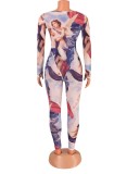 Autumn Print High Cut Bodysuit and Tights Legging Party Two Piece Set