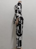 Autumn Black Print V-Neck Elegant Wrap Jumpsuit
