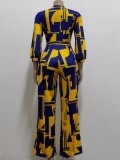 Autumn Yellow Print V-Neck Elegant Wrap Jumpsuit