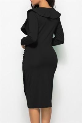 Winter Black Formal V-Neck Ruffles Wrap Long Sleeve Midi Dress