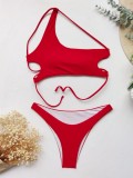 Red Two Piece One Shoulder Simple Swimwear
