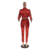 Winter Red Stripes Zipper Jacket and Pants Two Piece Tracksuit