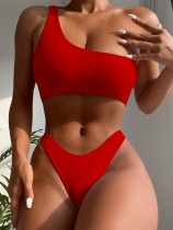 Red Two Piece One Shoulder Simple Swimwear