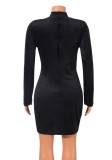 Winter Black Velvet Turtleneck Long Sleeve Wrap Party Dress