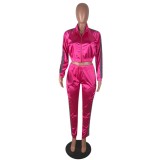 Winter Rose Stripes Zipper Jacket and Pants Two Piece Tracksuit
