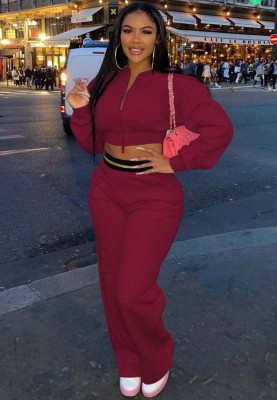 Autumn Burgunry Zipper Crop Top and Pants Two Piece Tracksuit