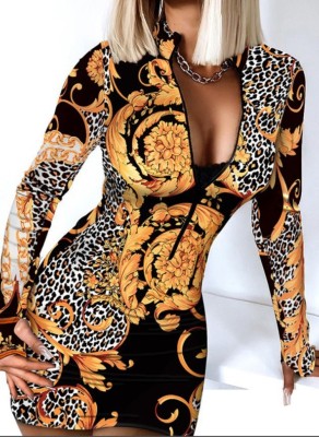 Winter Gold Leopard Print Zipper Mini Club Dress